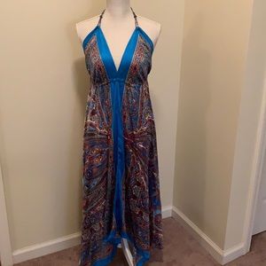 Paisley, multi-colored scarf style, halter dress.